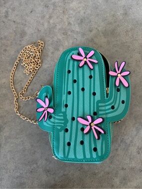 Cactus Crossbody Bag with Pink Flower Accents - Teal/Green